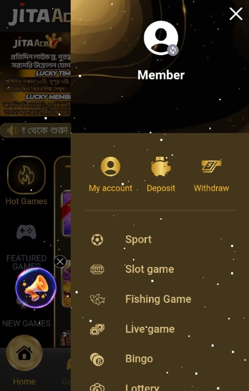 Main app menu of JitaAce showing profile, deposit, withdrawal, and game categories