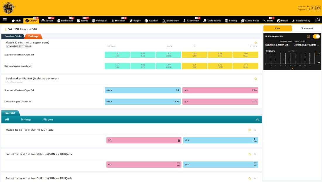 Live cricket odds with betting options for match and fancy markets in JitaAce sportsbook interface
