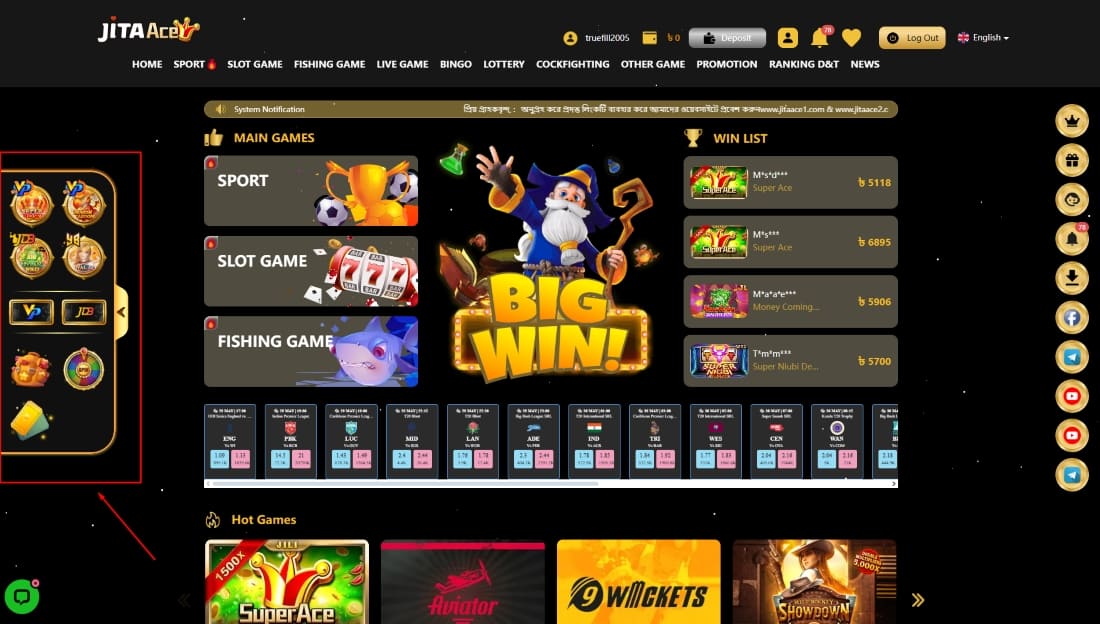 JitaAce left-side menu with bonus icons, provider shortcuts, and game quick links visible