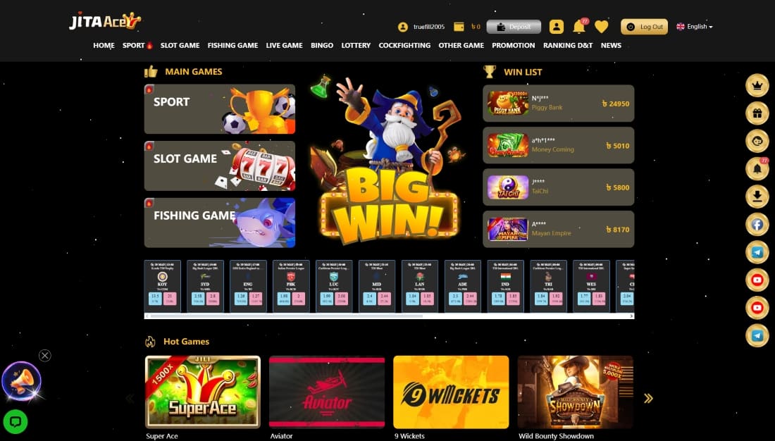 JitaAce casino lobby view featuring big win banner, game types, and recent winner list