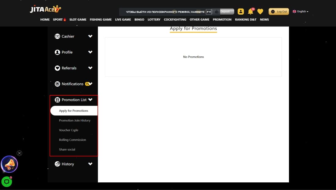 Promotions tab from user dashboard showing "apply for promotions" and related history options