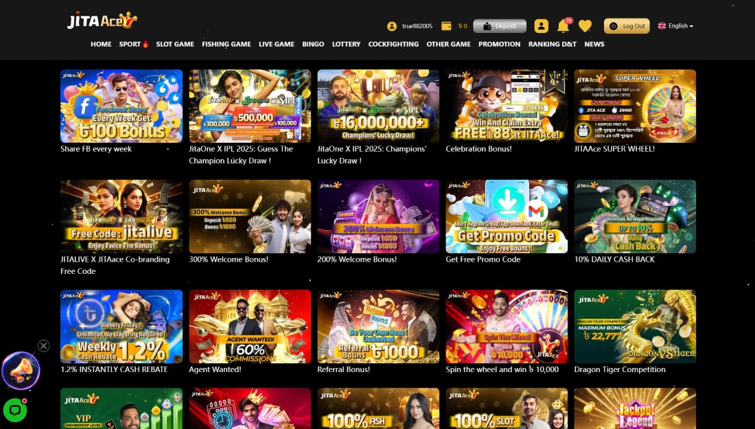 JitaAce promotion gallery with various bonuses, free spins, rebates, referrals, and competitions