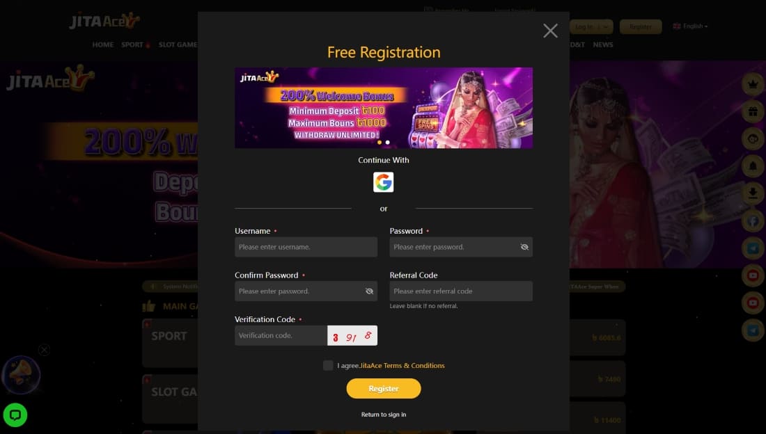 JitaAce registration form with username, password, referral, and Google sign-up options