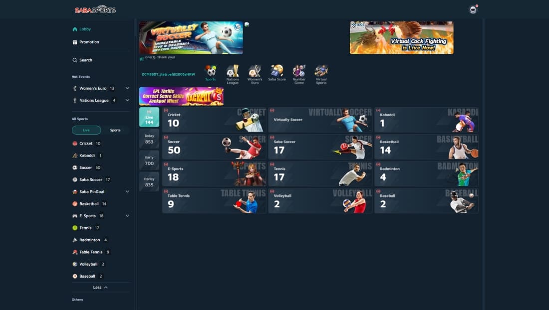 Sports lobby on JitaAce featuring SABA sportsbook with stats, match count, and sport filters