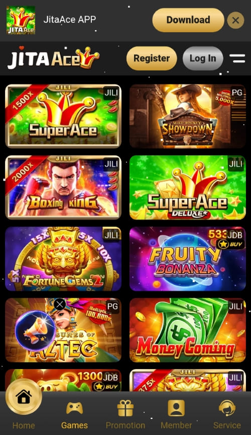 Slot games view in JitaAce app including SuperAce, Boxing King, and more popular slots
