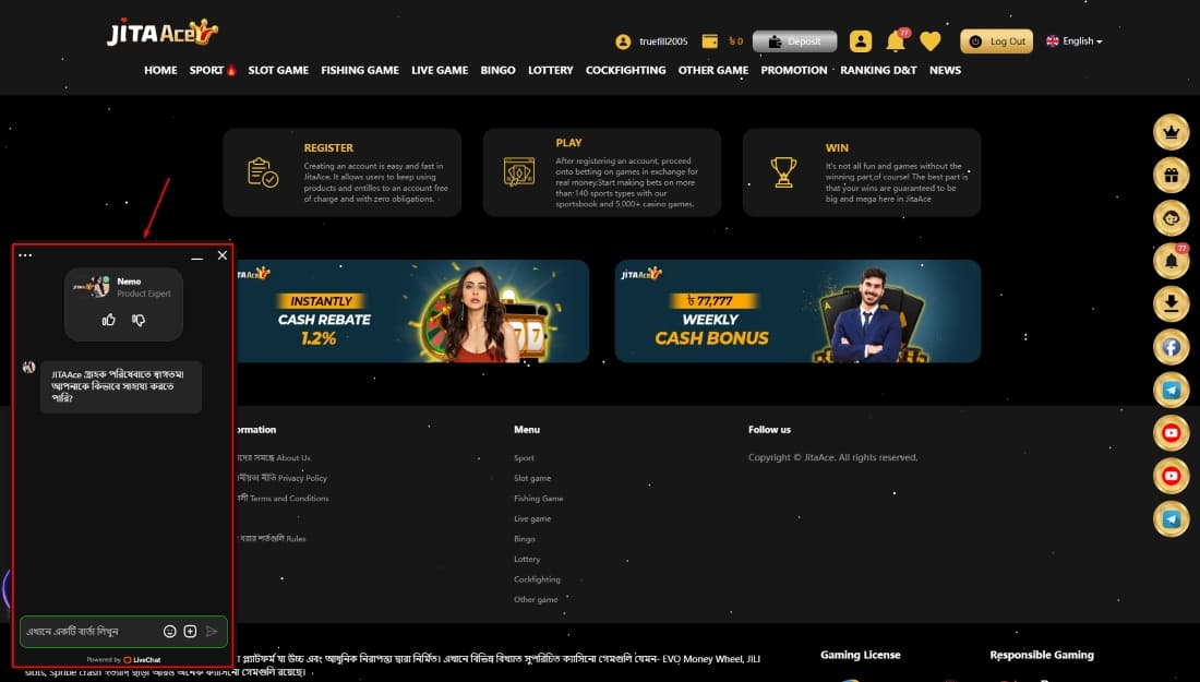 JitaAce website footer with chat window open, displaying Bengali-language user support