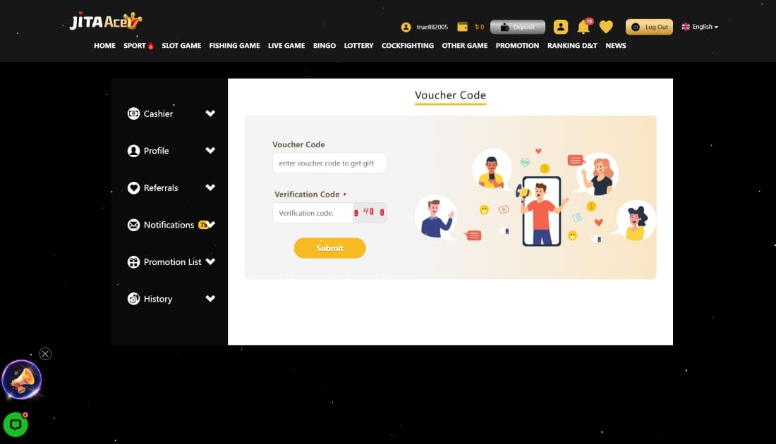 JitaAce voucher redemption page showing input fields for code and verification for claiming gifts