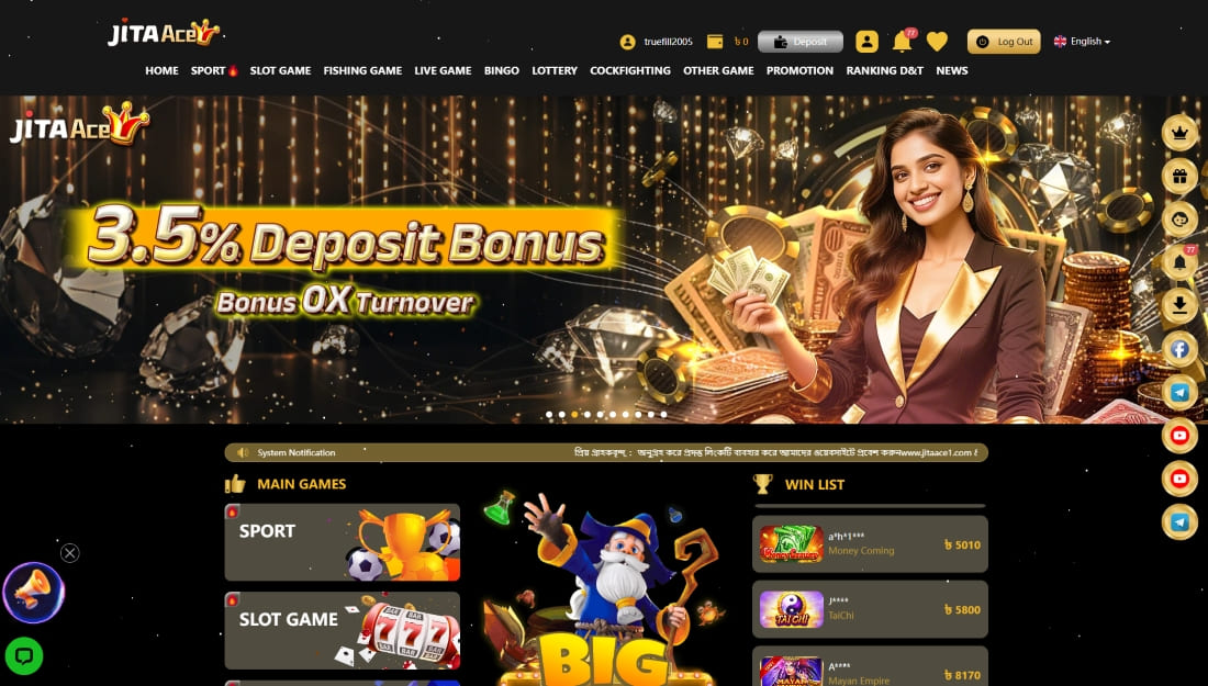Promotional banner from JitaAce with a 3.5% deposit bonus and golden theme background