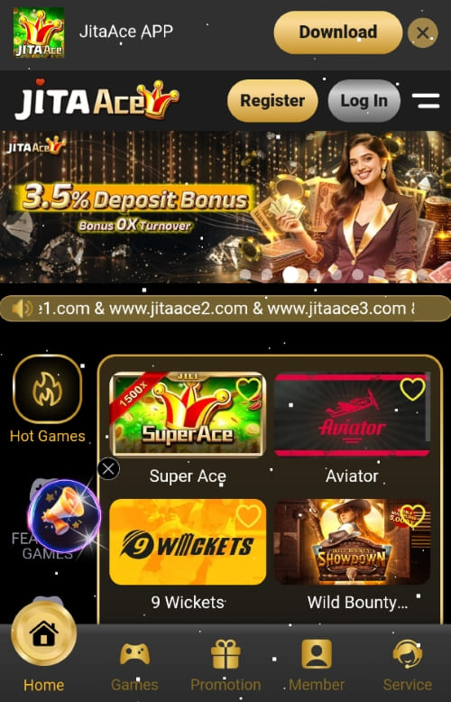 JitaAce app bonus banner and list of top hot games like Aviator and Wild Bounty