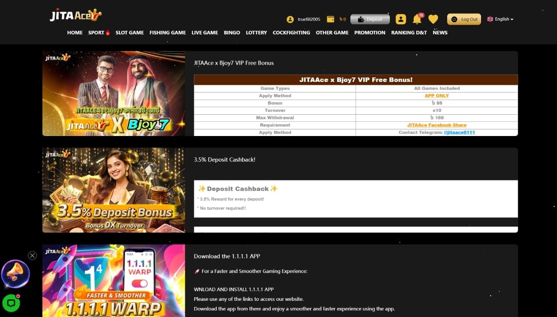 VIP bonus section on JitaAce with deposit cashback, VIP partner rewards, and app download info